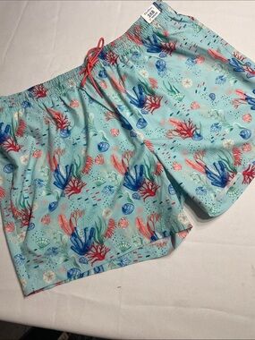 Caribbean Sea Life Print Swim Trunks - Light Aqua,Coral & Blue. Size 3XB. New